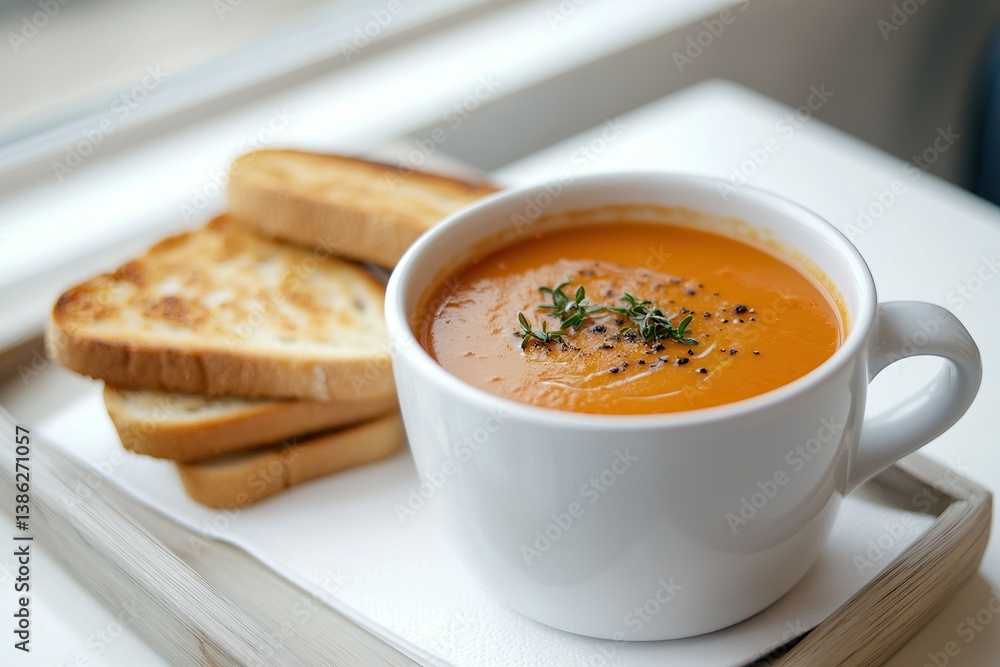 Cozy tomato soup in a mug with grilled bread on a tray, perfect for a light meal or comforting snack. Cozy tomato soup in a mug with grilled bread on a tray, perfect for a light meal or comforting snack.