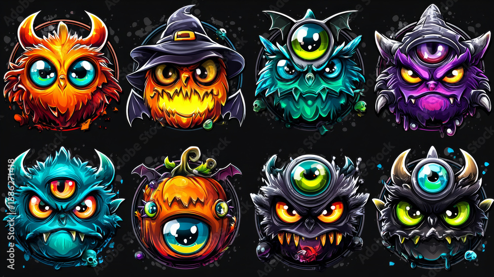 Halloween Set of colorful spooky icons of classic monsters. Vector illustration. Halloween Set of colorful spooky icons of classic monsters. Vector illustration.