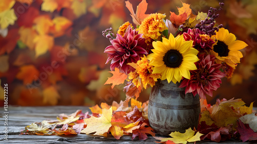 A rustic bouquet of autumn flowers featuring sunflowers, dahlias, and vibrant maple leaves, placed in a vintage vase, surrounded by fallen leaves.