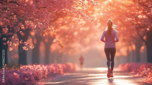 Woman jogs along a beautiful cherry blossom path during sunrise in springtime  wallpaper, background, generated by AI , jogging, cherry, blossoms, spring, sunrise, pathway, nature,