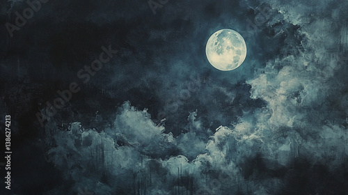 Moon in cloudy night sky painted in soft ink strokes