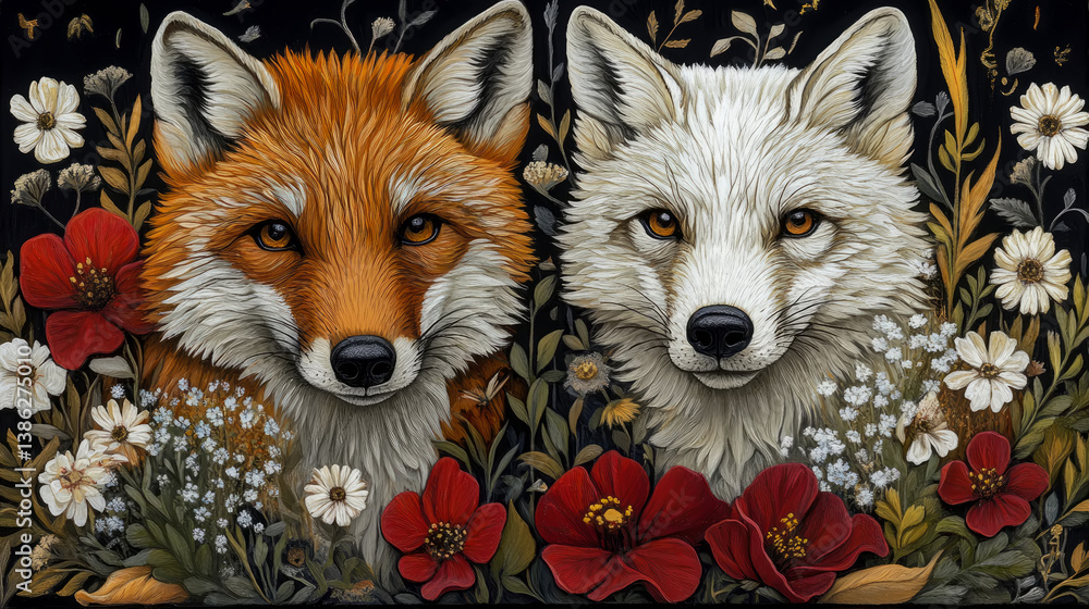 Obraz premium Two Foxes amid Floral Splendor: Orange and White, a close portrait showing nature's beauty