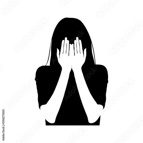 Silhouette of woman covering face with hands. Minimalist style on white background. Concept of anxiety, fear, or hiding