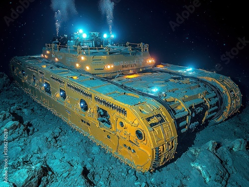 Underwater mining vehicle. Powerful machine working underwater