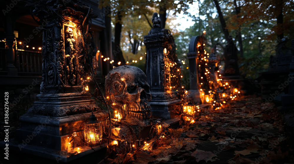 Fototapeta premium Set of gothic cemetery decorations. Vector illustration.