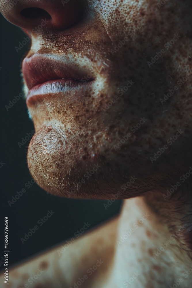 Close-up of freckled skin and lips, textured detail, introspective mood, highlighting natural beauty and uniqueness. Close-up of freckled skin and lips, textured detail, introspective mood, highlighting natural beauty and uniqueness.