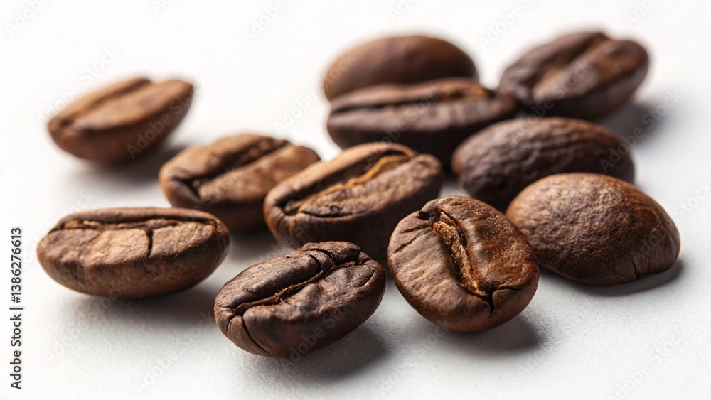 Obraz premium Scattered Roasted Coffee Beans Displaying Rich Brown Tones on a Clean White Surface Symbolizing Freshness and Aroma