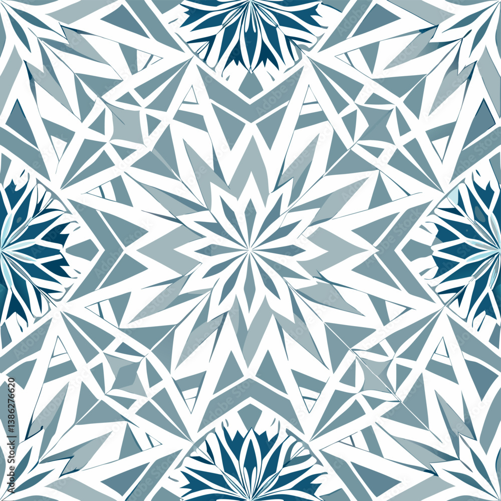 Intricate geometric pattern featuring alternating floral designs and sharp angles in shades of blue and white Intricate geometric pattern featuring alternating floral designs and sharp angles in shades of blue and white