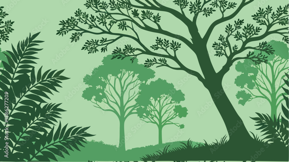 Fototapeta premium Lush green forest landscape featuring diverse trees and foliage during daylight hours in a tranquil natural setting