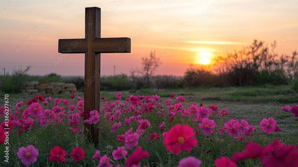 Sunset Serenity: A Wooden Cross Amidst Pink Cosmos Sunset Serenity: A Wooden Cross Amidst Pink Cosmos