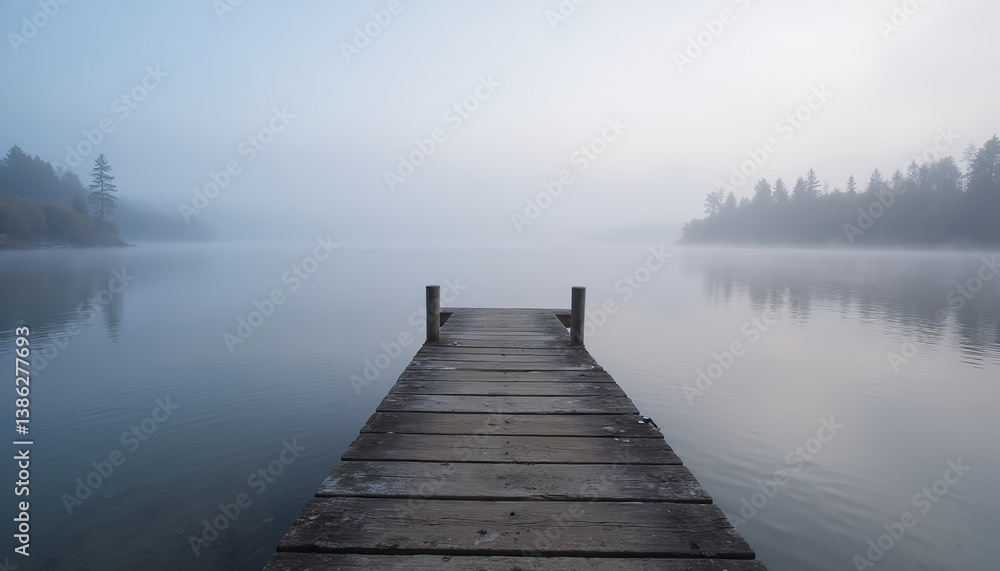 Wooden dock extends into a serene lake surrounded by misty forest landscape, creating a peaceful atmosphere. Trees reflect softly on the calm water under a misty sky Wooden dock extends into a serene lake surrounded by misty forest landscape, creating a peaceful atmosphere. Trees reflect softly on the calm water under a misty sky