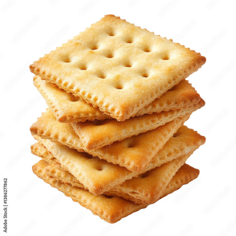 Stacked square crackers with golden brown color and crispy texture, isolated on transparent background Stacked square crackers with golden brown color and crispy texture, isolated on transparent background
