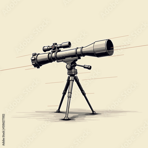 Precision rifle scope on a tripod against a light background for hunting equipment