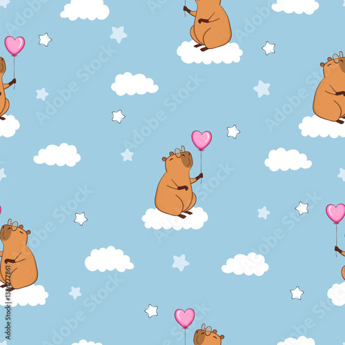 Cute capybaras and clouds seamless pattern. Vector baby print