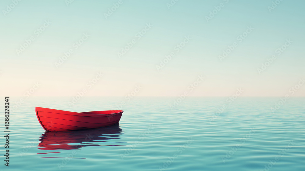 Fototapeta premium A cute small red boat on a calm ocean background