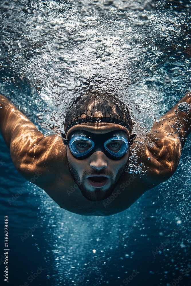Fototapeta premium Swimmer underwater taking a breath in swimming pool