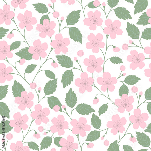 Seamless pattern with pink cherry blossoms and green leaves on white background