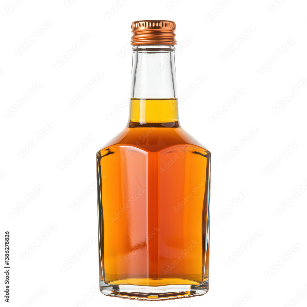 Faceted Glass Bottle with Copper Cap and Amber Liquid. Faceted Glass Bottle with Copper Cap and Amber Liquid.