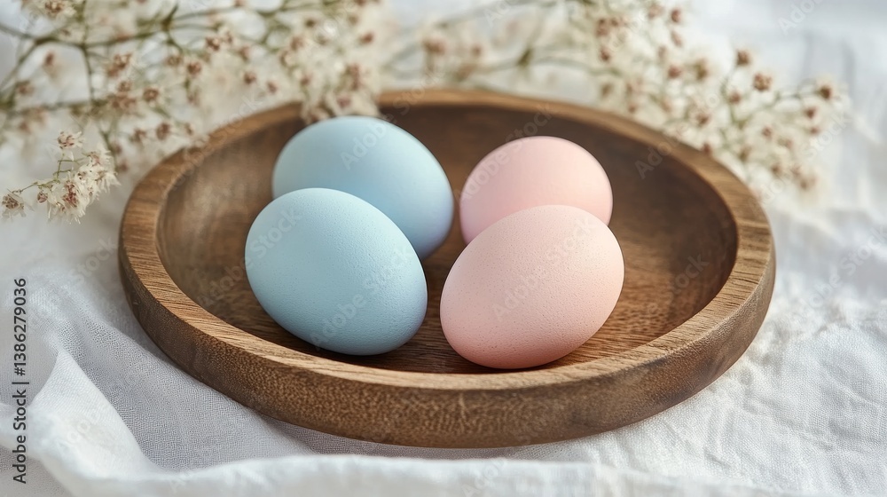 Soft Pink and Blue Easter Eggs on Rustic Wooden Plate Decoration Soft Pink and Blue Easter Eggs on Rustic Wooden Plate Decoration