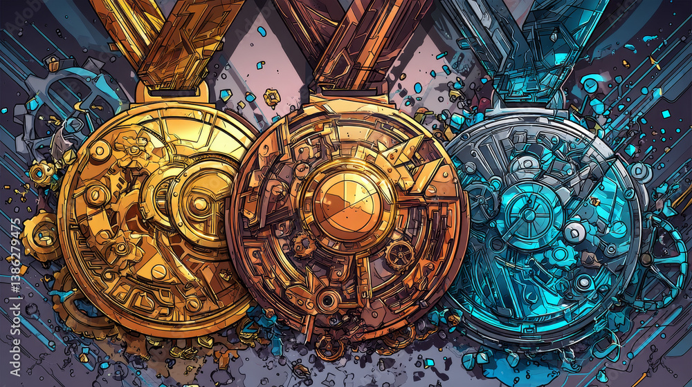 Obraz premium Receiving the cartoon game achievement. Vector illustration with golden, silver and bronze award.