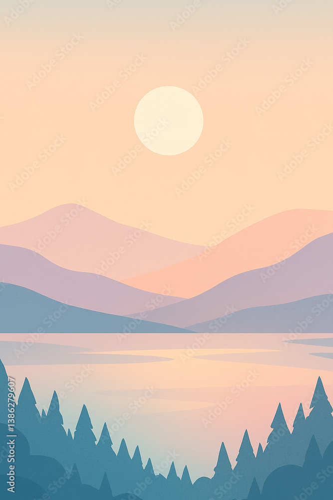 Serene pastel mountain landscape reflecting in lake at warm sunset light