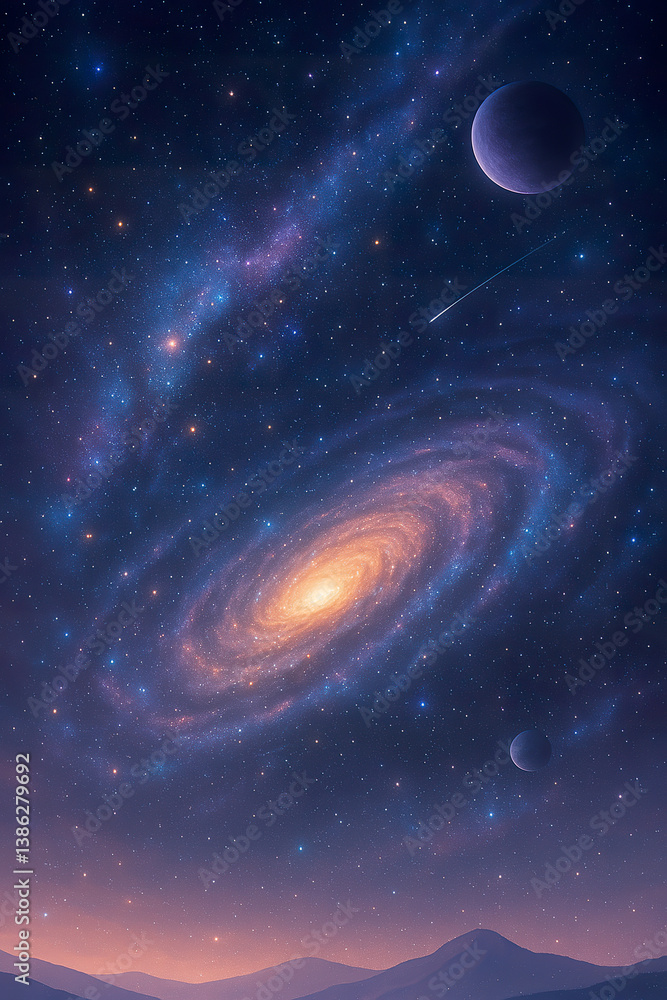 Mystical spiral galaxy glowing in deep blue cosmic night sky