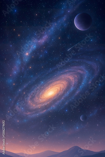 Mystical spiral galaxy glowing in deep blue cosmic night sky