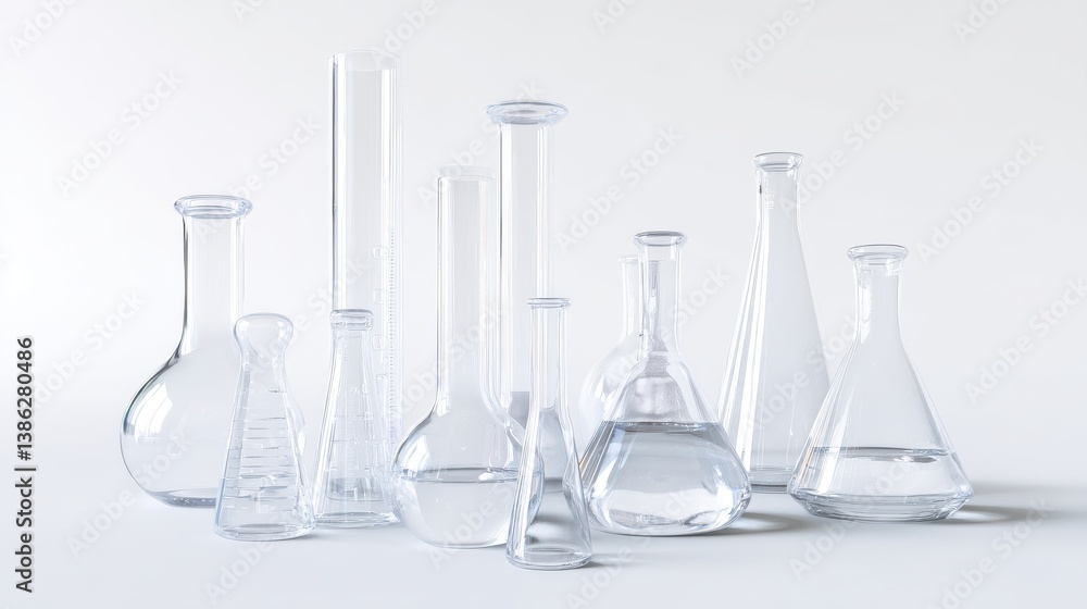 various glass laboratory flasks on a white background, 3D rendering, minimalism, copy space various glass laboratory flasks on a white background, 3D rendering, minimalism, copy space