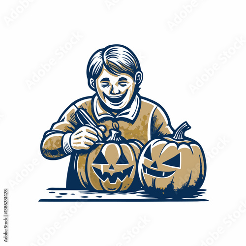 Hand drawn a person carving a pumpkin for Halloween image. Flat image isolated on white background. Vector illustration.