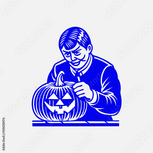 A flat-style vector illustration of a person carving a pumpkin for Halloween.