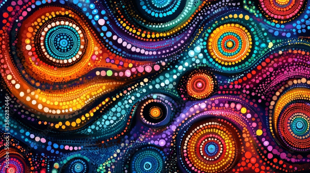 Vibrant abstract pattern with colorful circles and swirling dots Vibrant abstract pattern with colorful circles and swirling dots