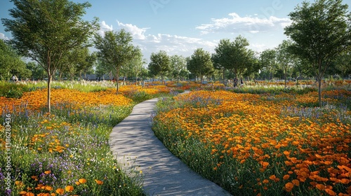 Winding path through vibrant wildflowers and trees in a sunny park.