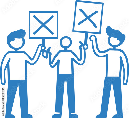 Blue Silhouette People Holding Signs with X Marks Vector PNG Illustration for Protest or Opposition