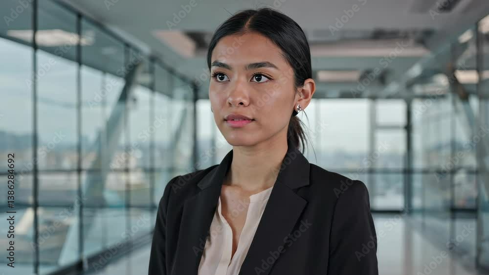 Professional woman poses confidently in modern office building with large windows and city skyline view during daytime Professional woman poses confidently in modern office building with large windows and city skyline view during daytime