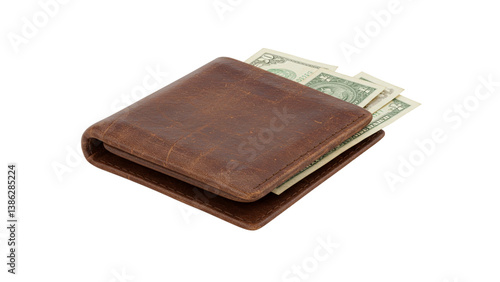 Brown leather wallet with dollar bills inside, isolated on a black background. The wallet is weathered, suggesting age and character.