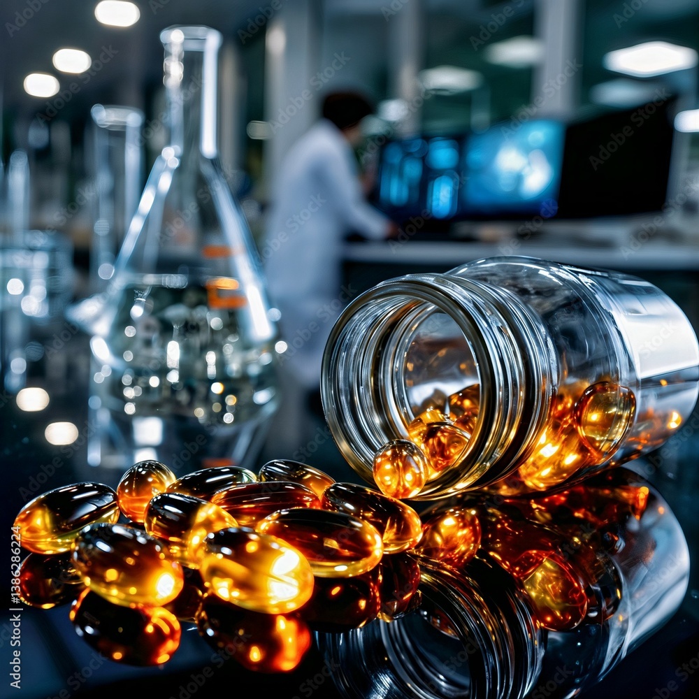 High-Resolution Close-Up of Amber Medicine Bottle with White Tablets on Lab Surface High-Resolution Close-Up of Amber Medicine Bottle with White Tablets on Lab Surface