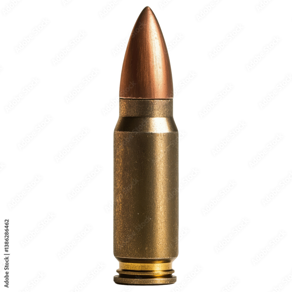 Bullet Close-up: A close-up view of a single, precisely crafted bullet, showcasing the details of its metallic composition and form. The ammunition is isolated in the image. Bullet Close-up: A close-up view of a single, precisely crafted bullet, showcasing the details of its metallic composition and form. The ammunition is isolated in the image.