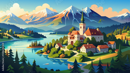 Bled, Slovenia - Aerial panoramic view of beautiful Bled Castle (Blejski Grad) with Lake Bled (Blejsko Jezero), the Church of the Assumption of Maria and Julian Alps at background on a summer day