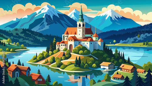 Bled, Slovenia - Aerial panoramic view of beautiful Bled Castle (Blejski Grad) with Lake Bled (Blejsko Jezero), the Church of the Assumption of Maria and Julian Alps at background on a summer day