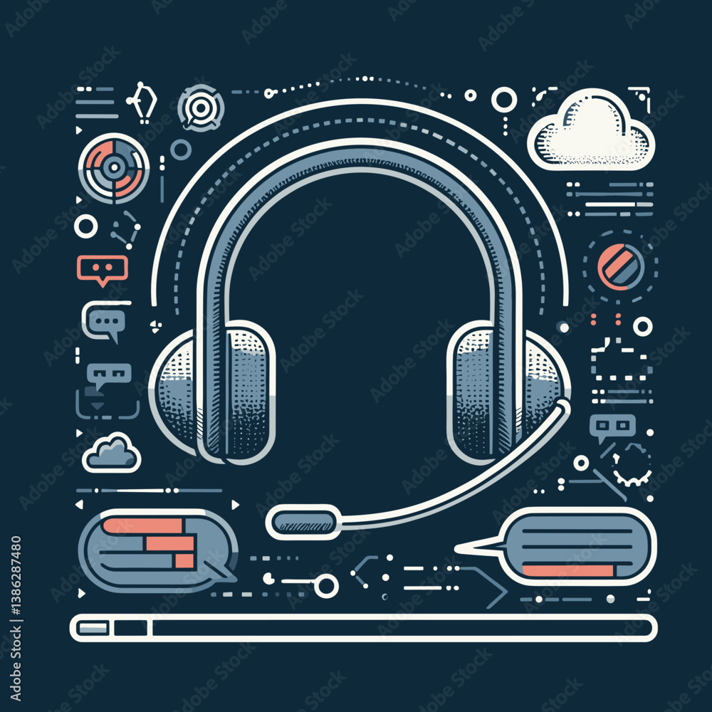 Obraz premium Colorful illustration of a headset surrounded by communication and technology icons on a dark background