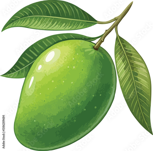 Raw Green Mango with Leaves Vector Illustration.mango green, green mango vector, mango illustration,raw mango
