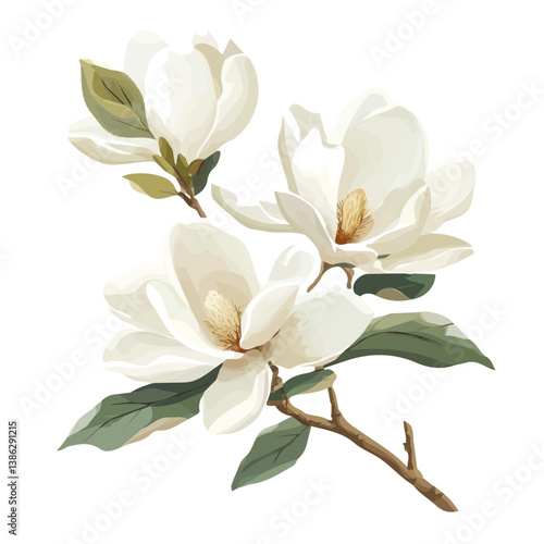 Magnolia Bouquet 2D flat vector illustration, isolated on a white background.