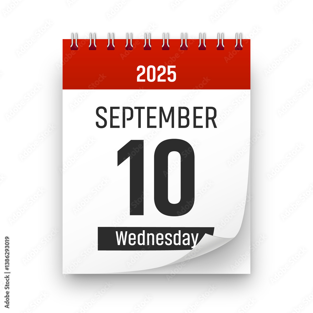 Fototapeta premium Date 10 September 2025 year realistic calendar day page design. September 10 transparent png