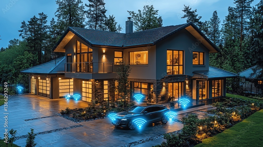 Smart home with car connectivity at night.