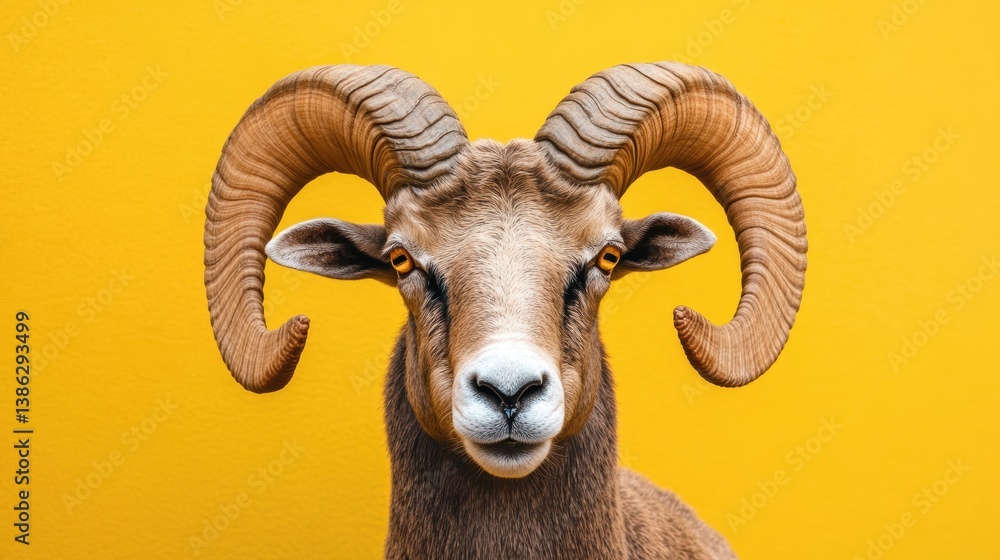Majestic ram with spiral horns against vibrant yellow background Majestic ram with spiral horns against vibrant yellow background