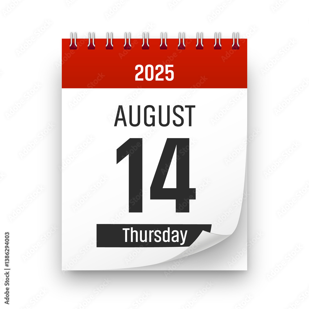 Date 14 August 2025 year realistic calendar day page design. August 14 transparent png Date 14 August 2025 year realistic calendar day page design. August 14 transparent png
