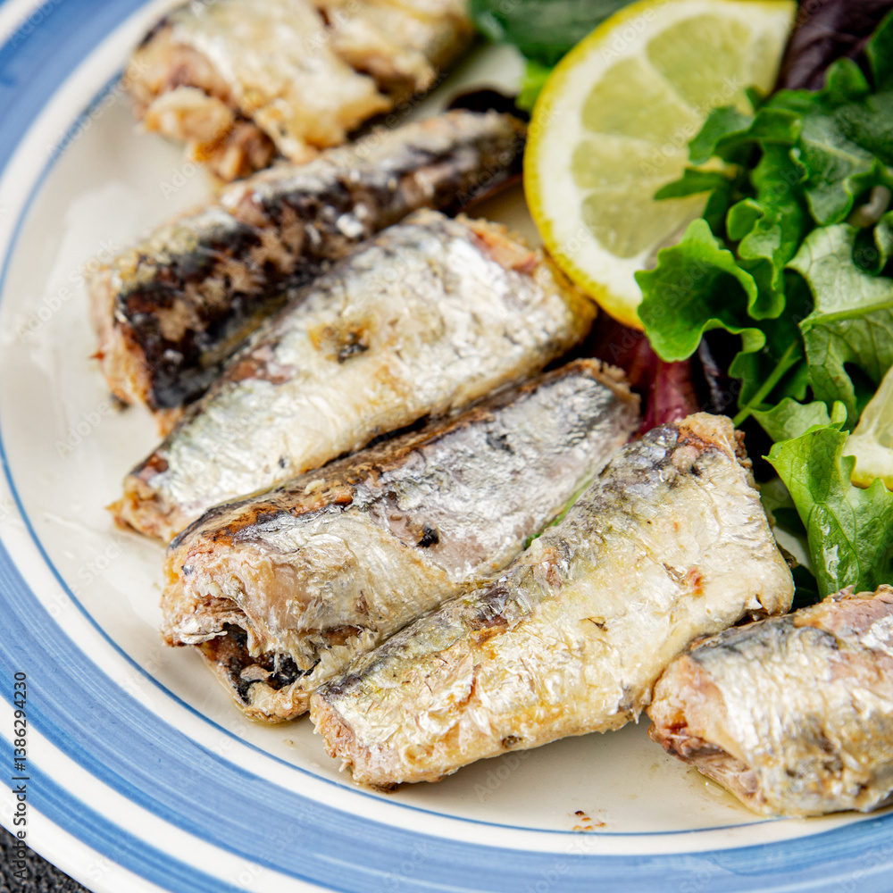 Sardine canned fish dish fresh delicious gourmet food background on table rustic food top view copy space pescetarian diet Sardine canned fish dish fresh delicious gourmet food background on table rustic food top view copy space pescetarian diet