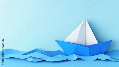 Blue Origami Boat on Light Blue Waves