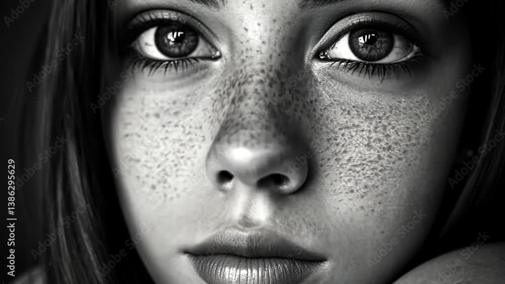 Freckled young woman with captivating eyes gazing thoughtfully into the distance in black and white Freckled young woman with captivating eyes gazing thoughtfully into the distance in black and white