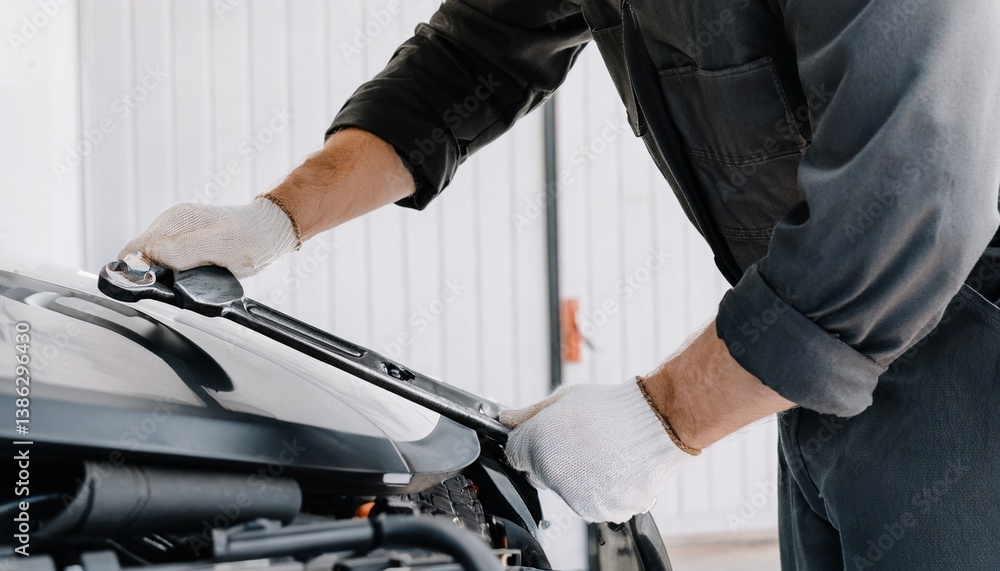 A mechanic working with tools on the car bonnet A mechanic working with tools on the car bonnet